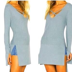 Free People Blue-Gray CrissCross Tunic Sweater SMALL Ribbed Knit Casual Fall
